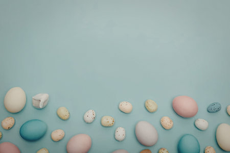 A collection of colorful Easter eggs on a light blue background