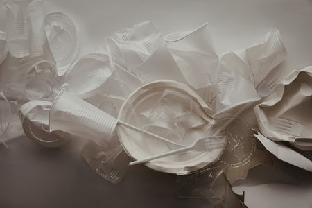 A collection of crushed white disposable tableware including plates and cups
