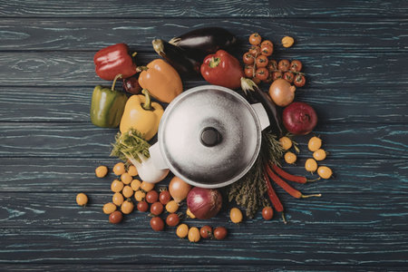 A vibrant arrangement of various vegetables and fruits surrounding a stainless steel cooking pot on...