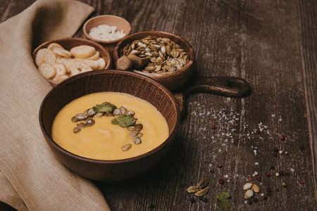 A bowl of vibrant orange soup garnished with seeds and herbs, served with various toppings on a...