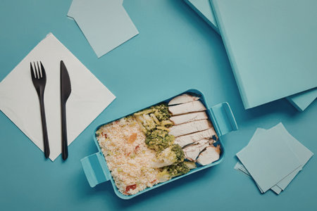 A blue container filled with healthy food, including salad and chicken, placed on a blue background...