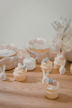 A wooden table with Easter-themed cupcakes and cakes, decorated with bunny ears and colorful eggs,...