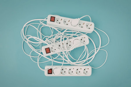 Three white electric extension cords with red switches are tangled together on a light blue...