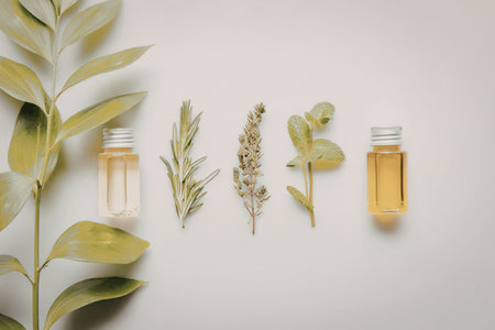 Two bottles of essential oil and various herbs on a white surfaceの写真素材