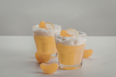 Two glasses of juice with ice and lime slices on top, surrounded by slices on a white surface.