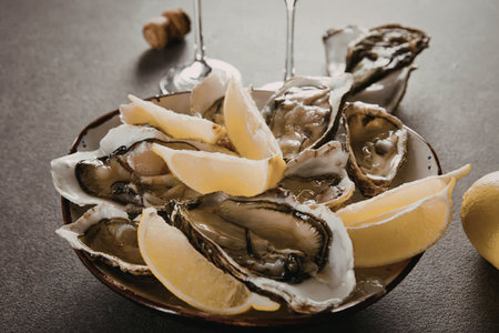 A plate of freshly shucked oysters served with lemon wedges on a dark surface.