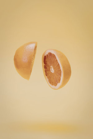 Two slices of grapefruit floating in mid-air against a bright yellow background