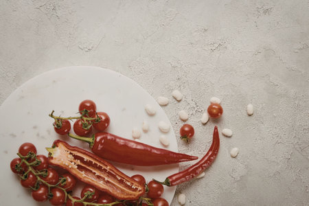 A white plate with red chili peppers and small tomatoes on a gray backgroundの写真素材