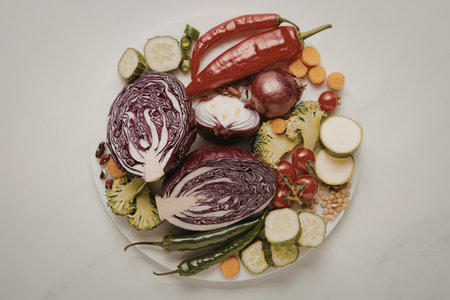 A plate of assorted fresh vegetables including cabbage, peppers, and cucumbers
