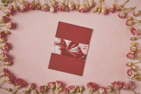 A red gift card with a pink ribbon on a pink background surrounded by a border of pink roses.
