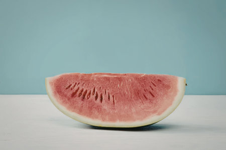 A single slice of watermelon on a white table against a light blue background