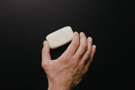 A hand holding a white bar of soap against a black background.