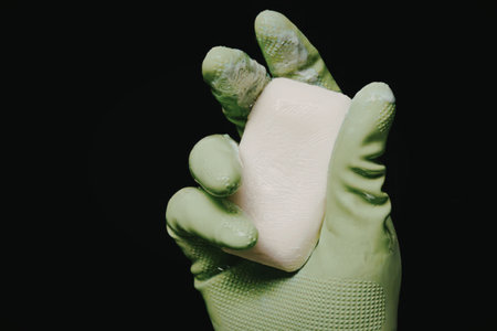 A green gloved hand holding a white rectangular object against a black background