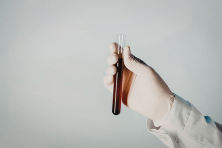 A hand wearing a white glove holding a test tube filled with a red liquid against a plain...