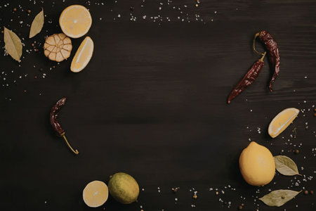 An arrangement of lemons, limes, chili peppers, and spices on a dark background
