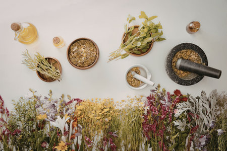 A collection of herbal remedies and botanicals on display, featuring various flowers, herbs, and...
