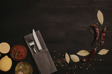 A knife and fork on a napkin with fruits and spices