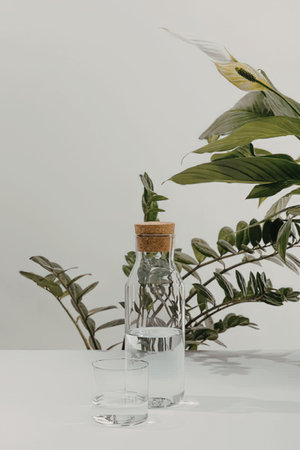 A clear glass bottle with a cork stopper containing a plant cutting in water, placed on a white...
