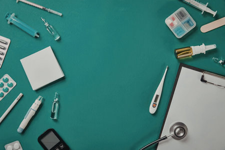 An assortment of medical tools and equipment, including syringes, thermometers, and a stethoscope,...