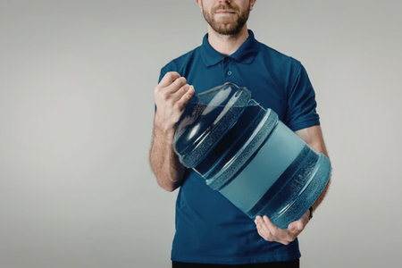 A man in a blue polo shirt holding a large bottle of water.