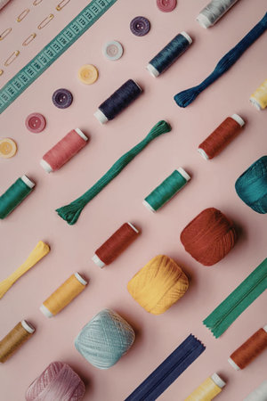 An assortment of colorful sewing supplies including threads, buttons, needles, and a ruler on a pink...
