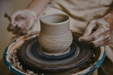 A person is shaping a clay cup on a pottery wheel, with hands covered in clay and a tool in one...