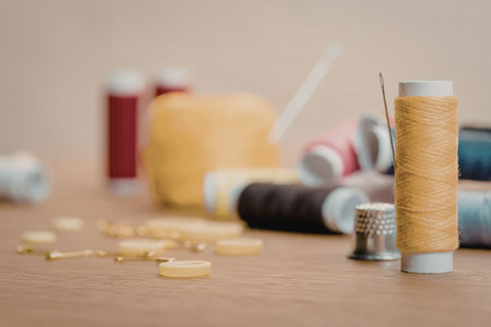 A collection of sewing supplies, including spools of thread, buttons, and a needle, arranged on a...