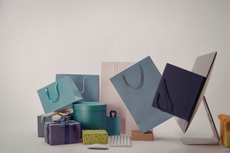 A collection of colorful shopping bags and gifts displayed on a table with a computer monitor