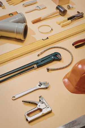 a collection of various tools and equipment for construction or repair work