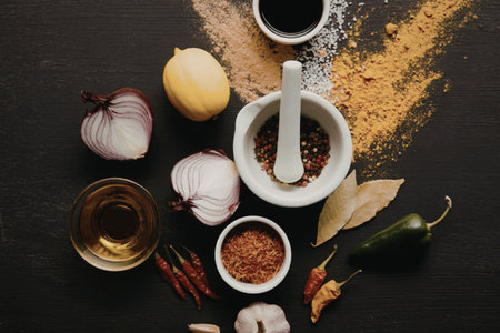 A collection of spices, herbs, and ingredients for cooking on a black surface
