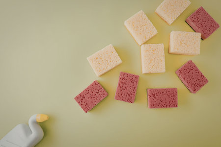 A collection of pink and yellow sponges scattered on a green surface with a cleaning supply bottle
