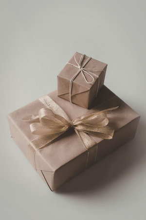 Two gifts wrapped in brown paper with gold ribbons