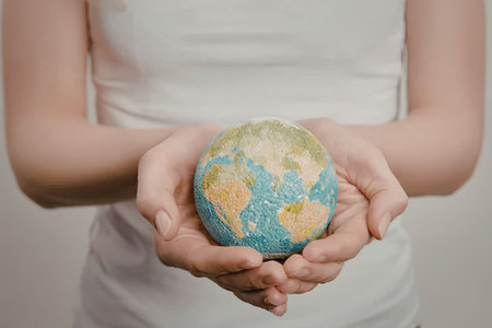 A woman in a white shirt holding a small globe representing the Earth in her hands.