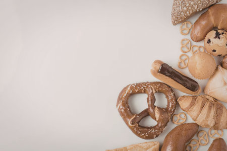 An assortment of baked goods including bread and pastries on a white background