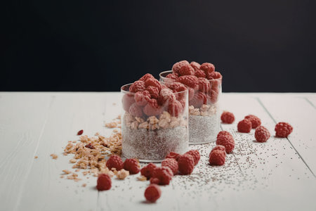 Two small glasses filled with oats and topped with raspberries, surrounded by scattered raspberries...