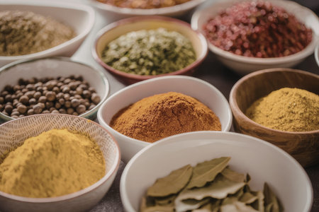 Various spices and herbs displayed in small bowls on a table, showcasing different textures and...