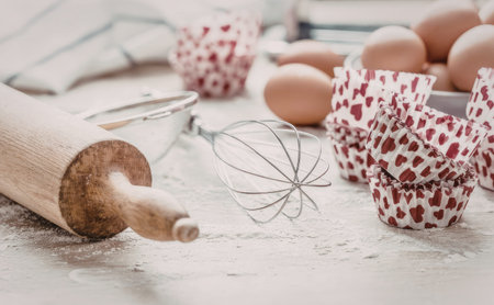 Baking utensils and ingredients are scattered on a flour-dusted kitchen surface, including a rolling...