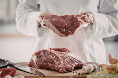 Butcher holds raw beef meat in hands while standing near cutting board with ingredients for cooking, showcasing fresh meat preparation in a professional kitchen.の写真素材