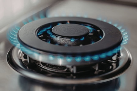 Gas stove burner with blue flames burning steadily on a stainless steel cooktop indicating active...