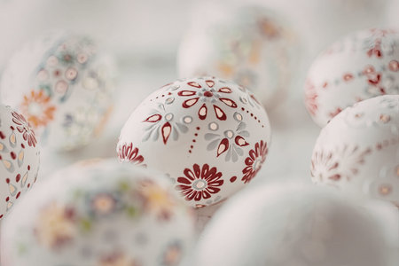 Beautifully decorated white easter eggs featuring intricate floral patterns and vibrant colors are...