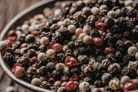 Colorful assorted peppercorns fill a metal bowl on a wooden table, enhancing the flavor and aroma of...
