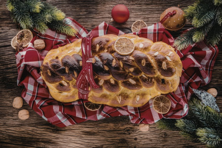 Delicious christmas bread beautifully presented on a rustic wooden table surrounded by festive...