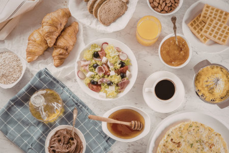 Delicious breakfast spread featuring croissants, waffles, and salad, accompanied by various toppings and beverages, all arranged on a white marble countertop.の写真素材