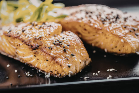 Grilled salmon fillets topped with sesame seeds and spices served with fresh greens on a sleek black...