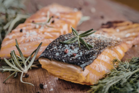 Grilled salmon fillets are perfectly seasoned with salt, pepper, and fresh herbs like rosemary and...