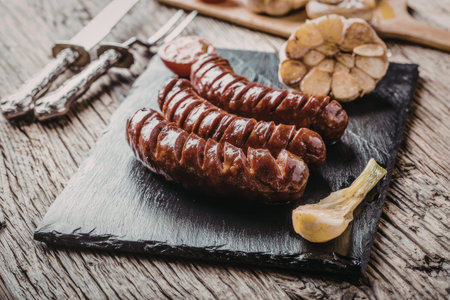 Grilled sausages are served on a black slate plate with roasted garlic and spices on a rustic wooden...