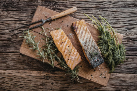 Grilled salmon fillets are beautifully presented on a wooden cutting board sprinkled with salt and...