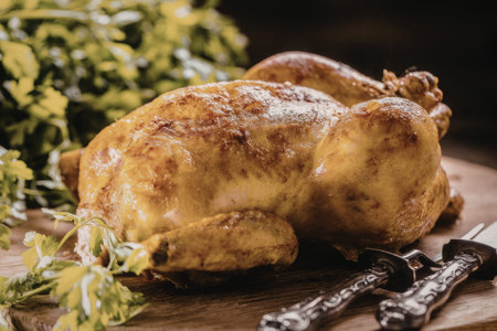 Roasted chicken surrounded by green herbs on a wooden cutting board with a kitchen knife ready for...