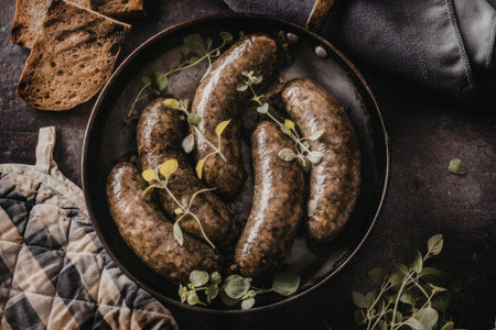 Sausages are cooked in a cast iron skillet with fresh oregano, served with toasted bread on a dark...