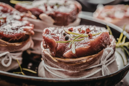 Salted raw meat rolls topped with rosemary and peppercorns served on a dark plate, showcasing a...